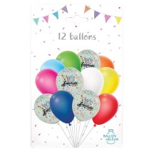 Pack 12 Ballons Anniversaire Multicolore Confettis Imprimés – Déco pas cher | Fiesta Factory