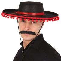 Chapeau espagnol adulte noir et rouge pas cher – Accessoire flamenco | Fiesta Factory