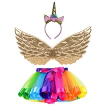 Set Licorne 3 Pièces Or Multicolore Tutu Ailes Tiare | Fiesta Factory