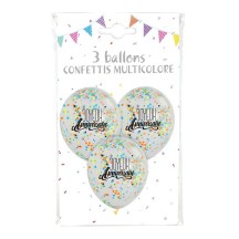 3 Ballons Joyeux Anniversaire Confettis Multicolores – Fiesta Factory à petit prix