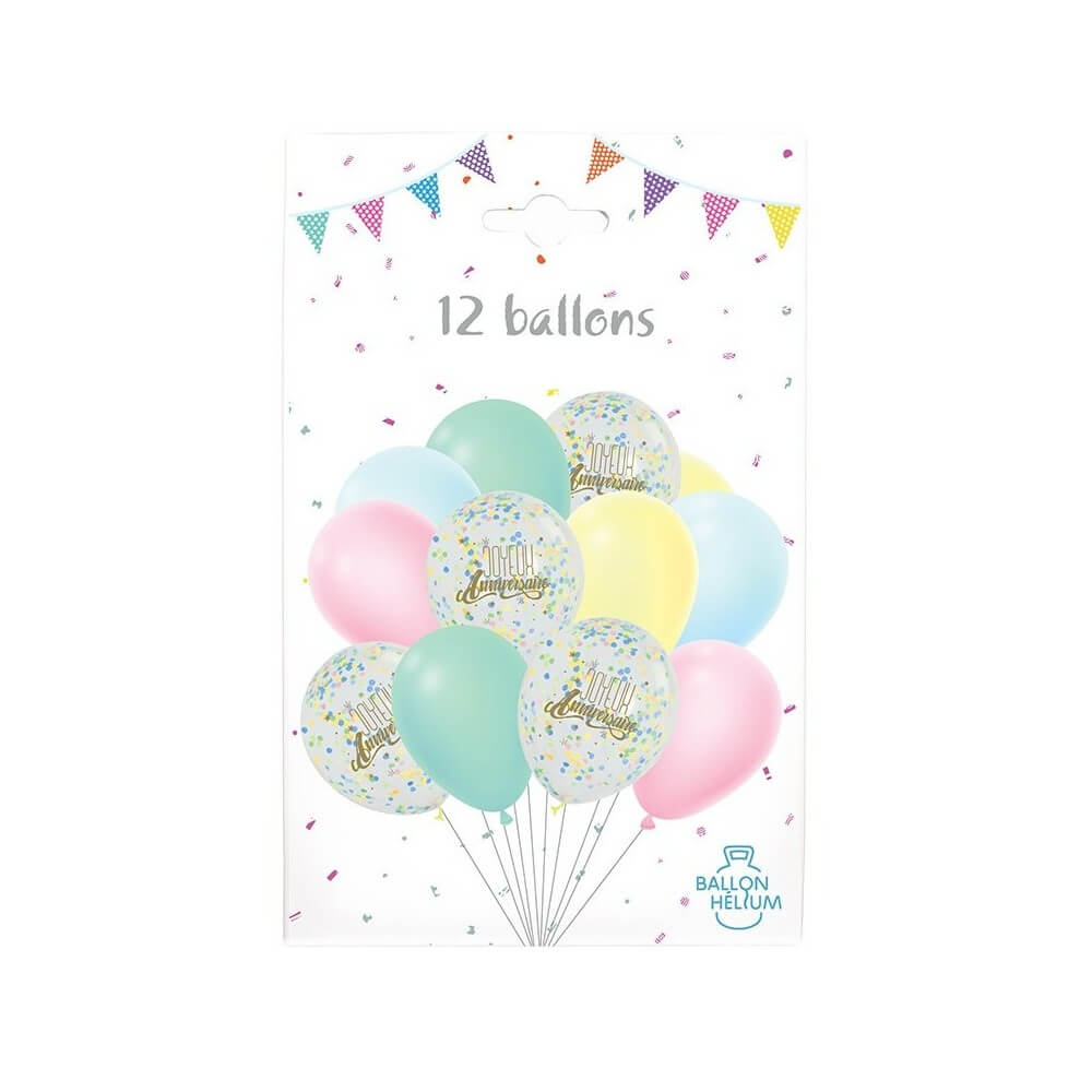Pack 12 Ballons Anniversaire Pastel Confettis Imprimés - 36506 - Ballons Latex à Confettis