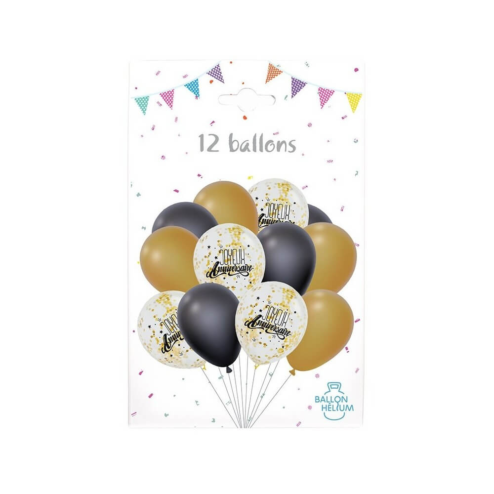 Pack 12 Ballons Anniversaire Noir Or Confettis - 36503 - Ballons Latex à Confettis