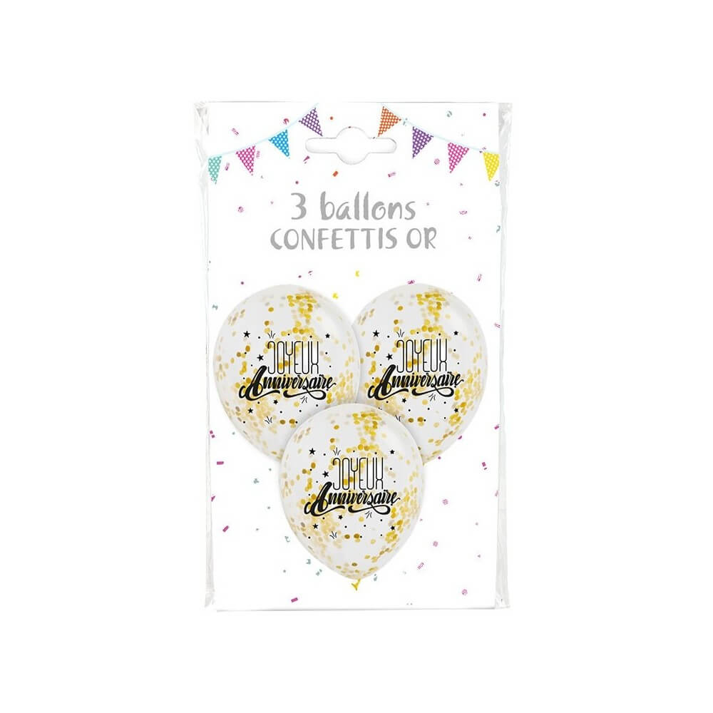 3 Ballons JOYEUX ANNIVERSAIRE Confettis Or - 36420JAGO - Ballons Latex à Confettis