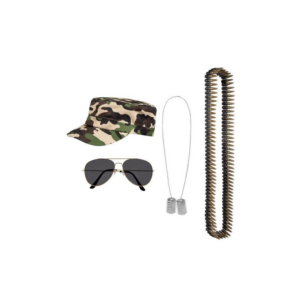Set Soldat : Casquette, Lunettes, Collier & Ceinture de Balles - B44323 - Armes factices