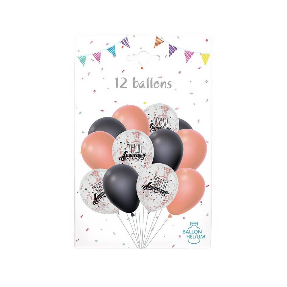 Pack 12 Ballons Anniversaire Noir Rose Confettis - 36504 - Ballons Latex à Confettis