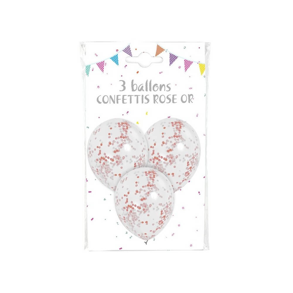 3 Ballons 30 cm Transparente Confettis Rose Gold - 36420RO - Ballons Latex à Confettis