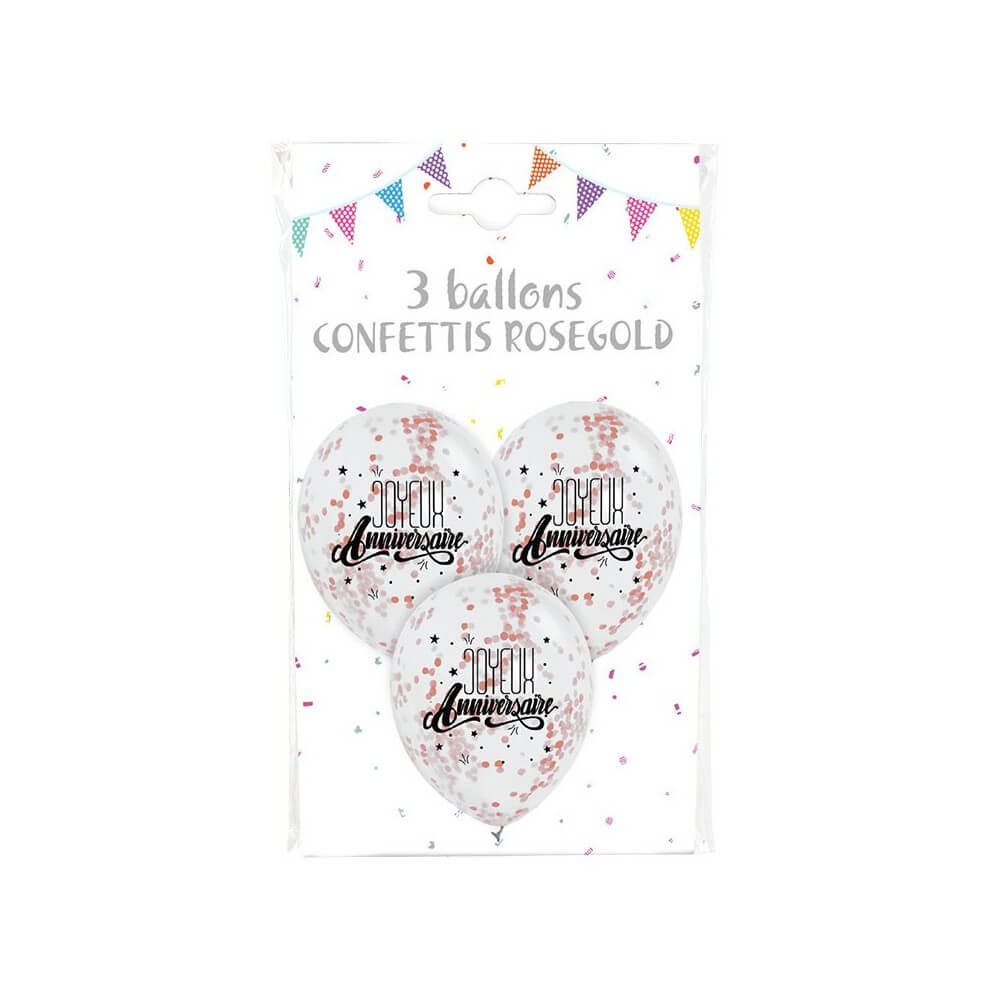 3 Ballons JOYEUX ANNIVERSAIRE Confettis Rose Gold - 36420JARO - Ballons Latex à Confettis