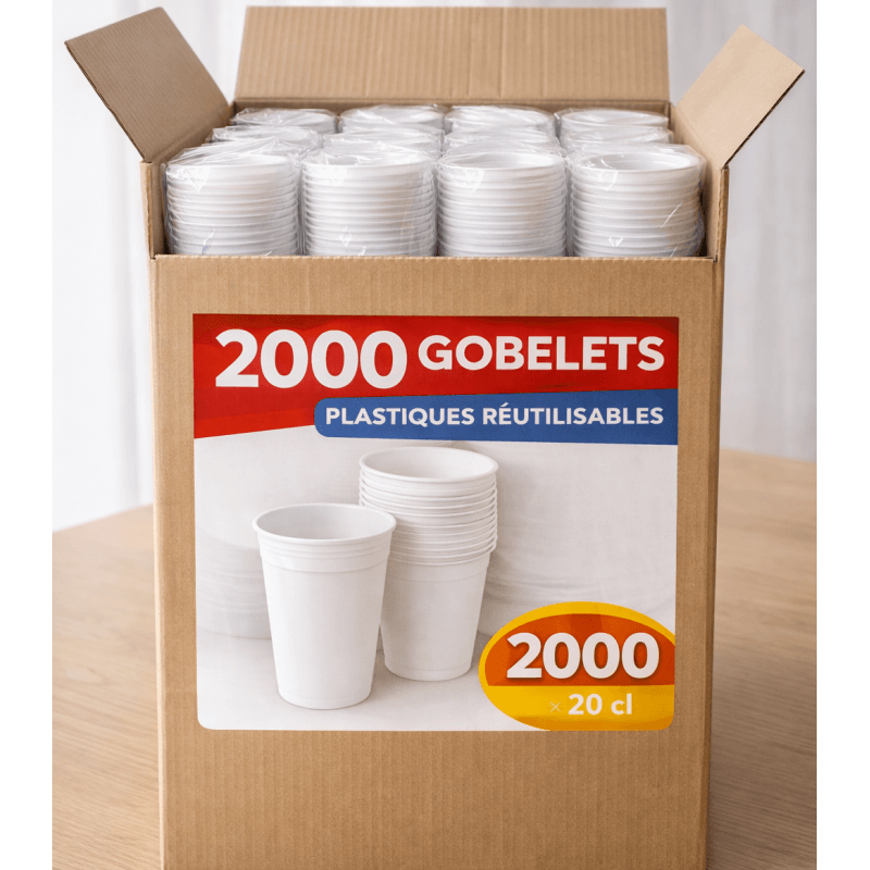 2000 Gobelets à plastiques blanc réutilisables 20 cl - 210GPP213000 - Gobelets
