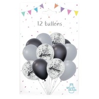 Pack 12 Ballons Anniversaire Noir Argent Confettis – Fiesta Factory à petit prix