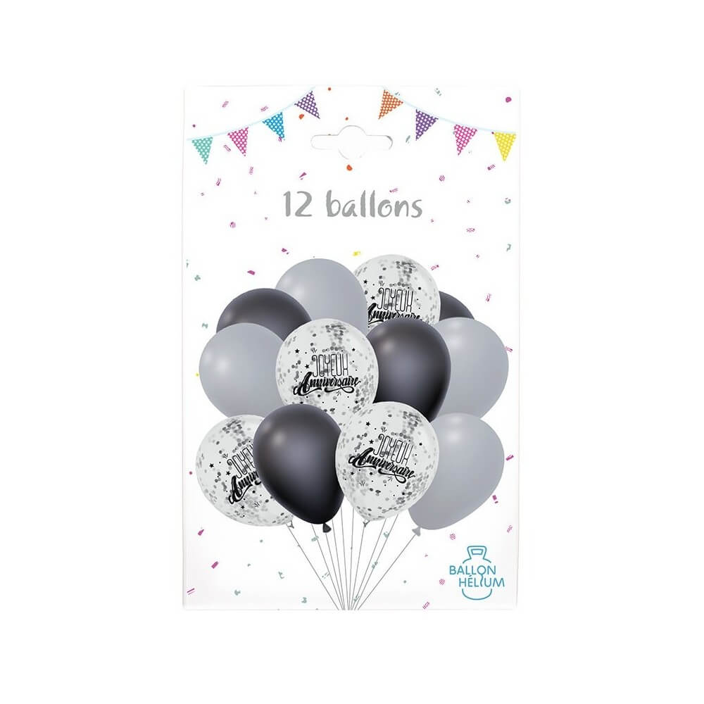 Pack 12 Ballons Anniversaire Noir Argent Confettis - 36505 - Ballons Latex à Confettis