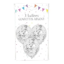 3 Ballons 30 cm Transparents Confettis Argent – Fiesta Factory à petit prix