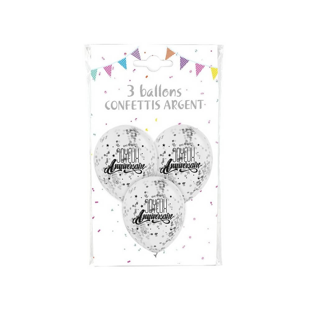 3 Ballons JOYEUX ANNIVERSAIRE Confettis Argent - 36420JAAR - Ballons Latex à Confettis