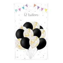 12 Ballons 30 cm : 6 Noirs + 6 Transparents Confettis Or – Fiesta Factory à petit prix