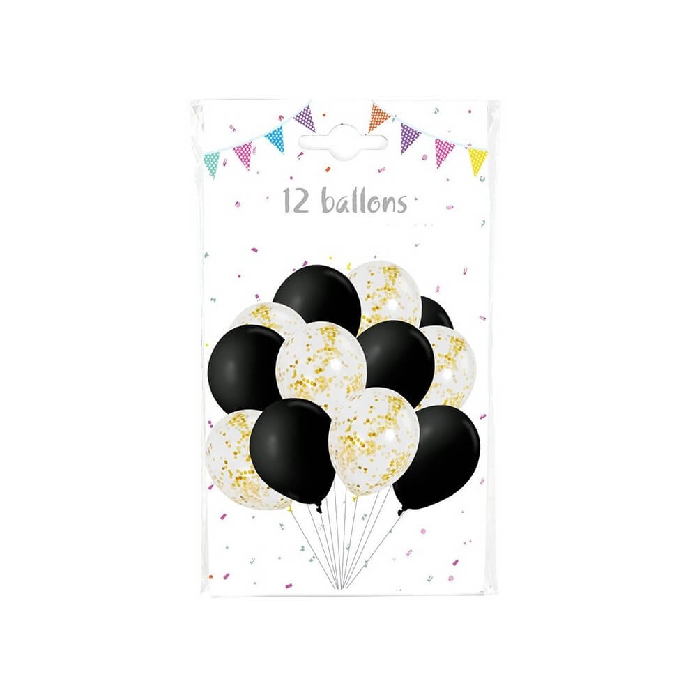12 Ballons 30 cm : 6 Noirs + 6 Transparents Confettis Or - 36468 - Ballons Latex à Confettis