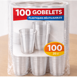 100 Gobelets plastiques transparents réutilisables 20 cl - 142180 - Gobelets