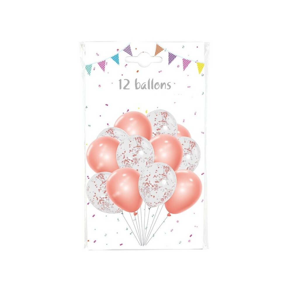Pack 12 Ballons 30 cm : 6 Rose Gold + 6 Transparents Confettis Rose Gold – Fiesta Factory à petit prix