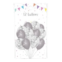Pack 12 Ballons 30 cm : 6 Argent + 6 Transparents Confettis Argent – Fiesta Factory à petit prix