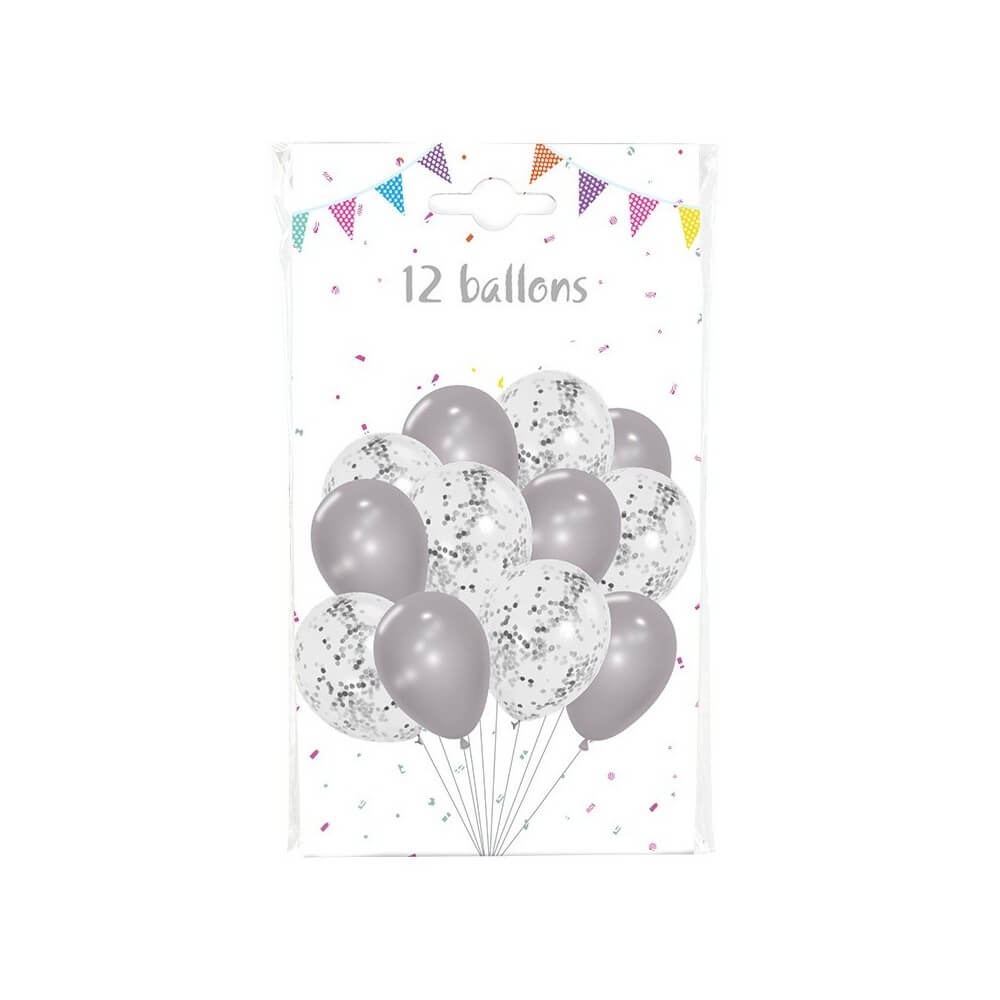 Pack 12 Ballons 30 cm : 6 Argent + 6 Transparents Confettis Argent - 36468AG - Ballons Latex à Confettis