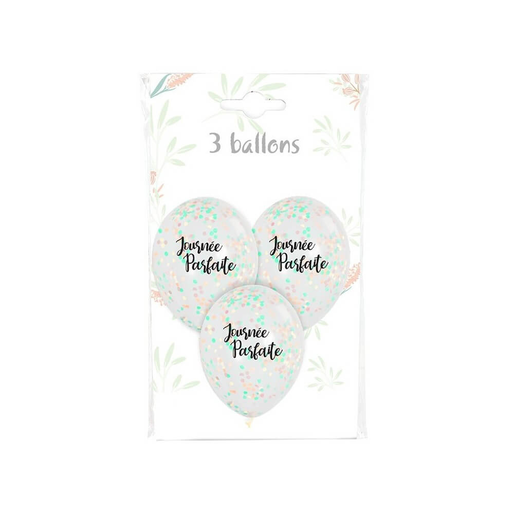 3 Ballons 30 cm Impression JOURNÉE PARFAITE Confettis - 36483 - Ballons Latex à Confettis