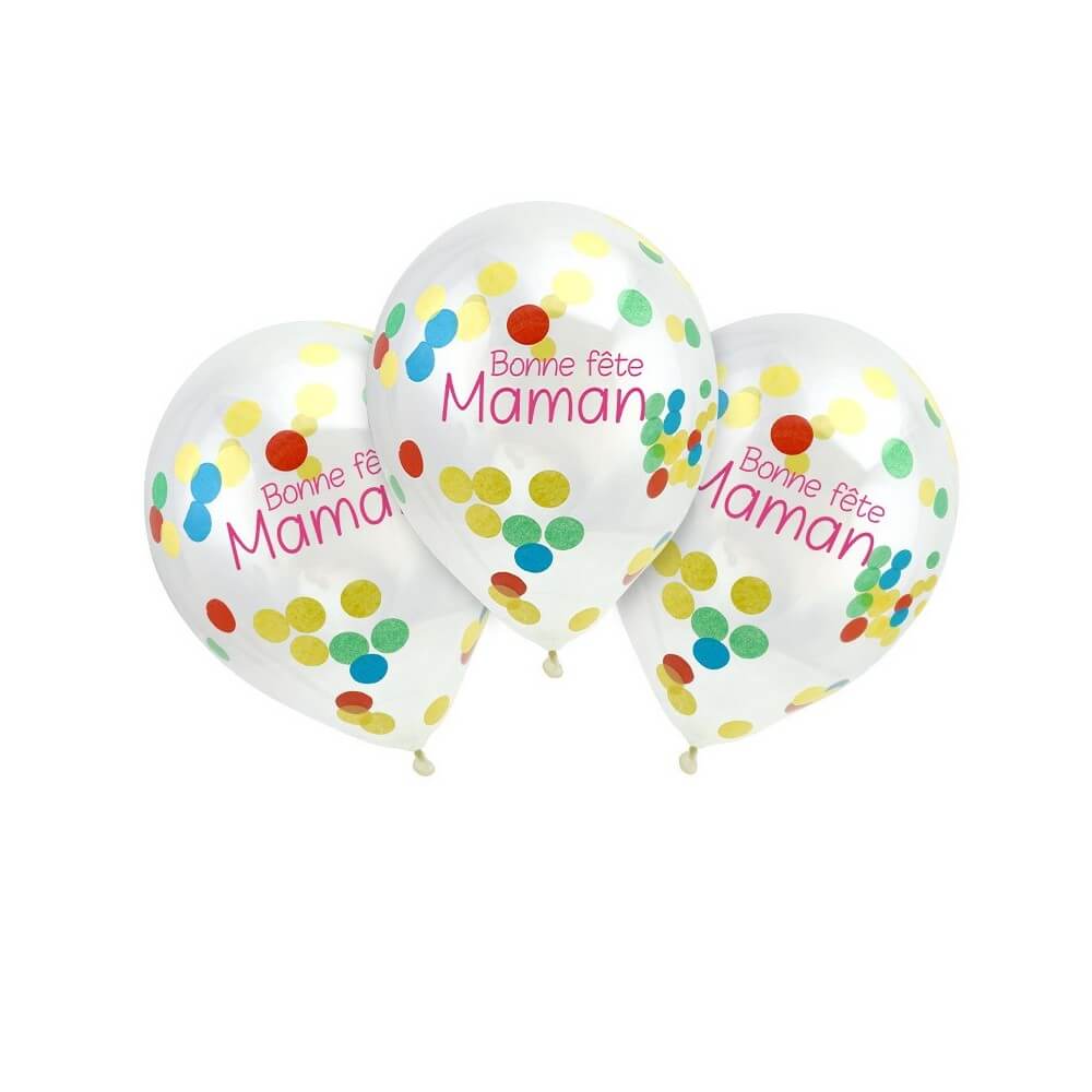 3 Ballons Transparents Confettis MULTI “Bonne Fête Maman” – Fiesta Factory à petit prix