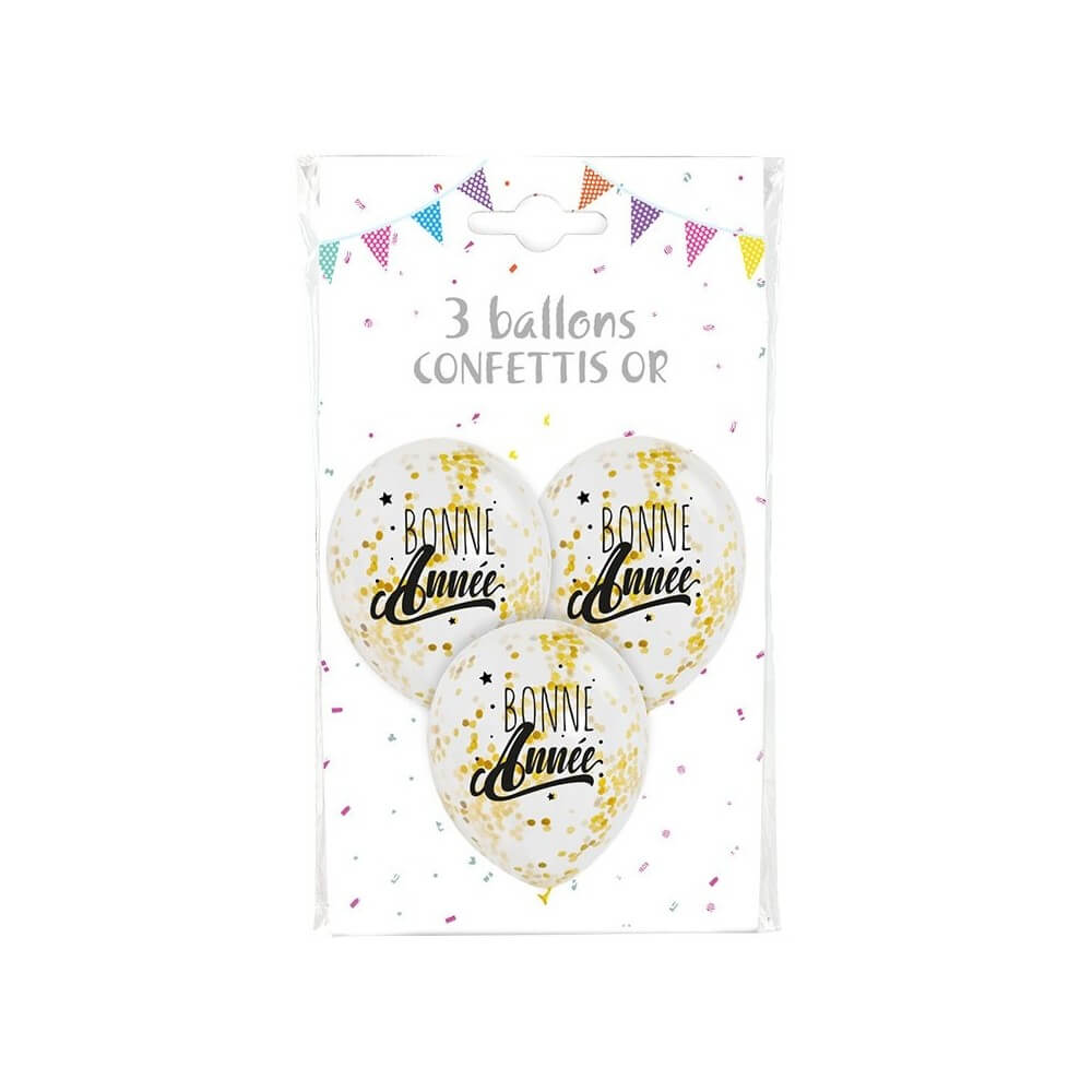 3 Ballons 30 cm Transparente Bonne Année Confettis Or - 36420BAGO - Ballons Latex à Confettis
