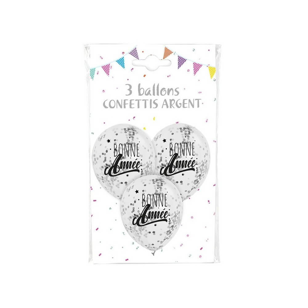 3 Ballons 30 cm Transparente Bonne Année Confettis Argent - 36420BAAR - Ballons Latex à Confettis