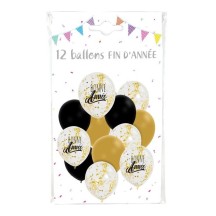 12 Ballons 30 cm Bonne Année Or Noir & Confettis Or - 36469 - Ballons Latex à Confettis