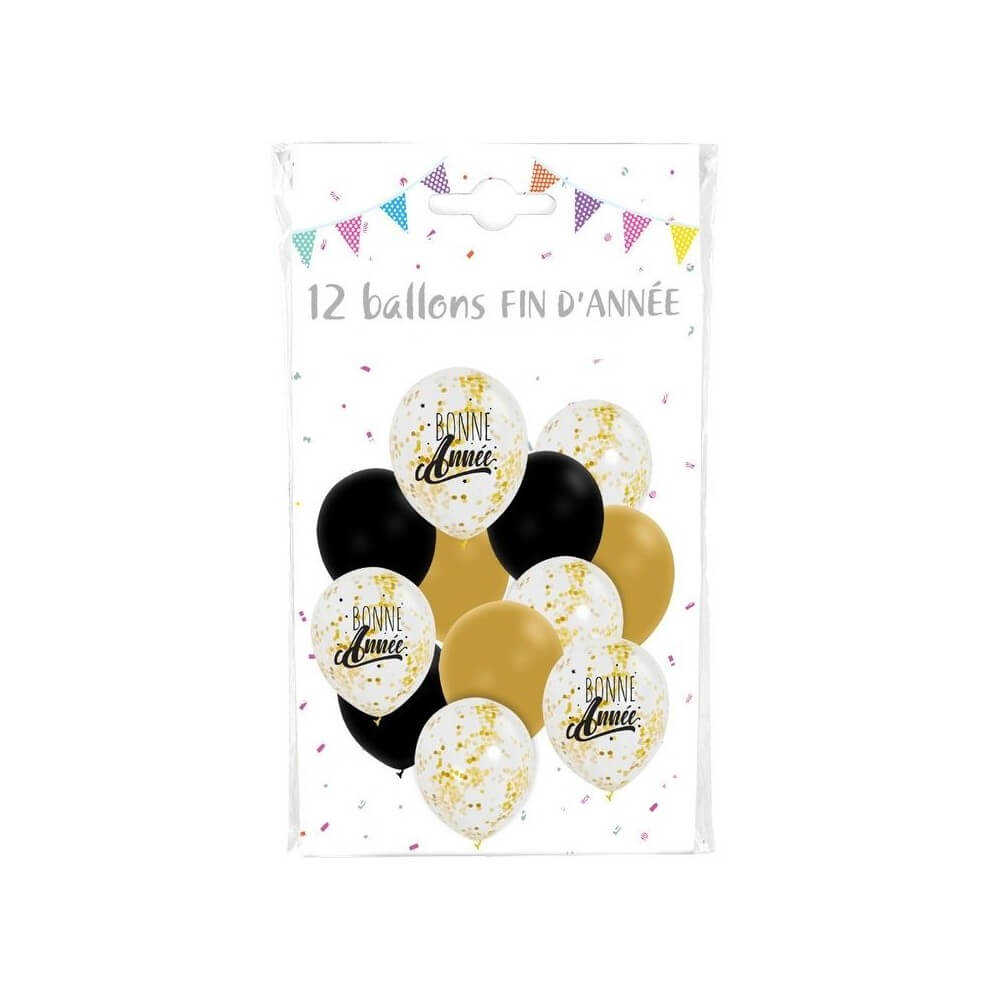 12 Ballons 30 cm Bonne Année Or Noir & Confettis Or - 36469 - Ballons Latex à Confettis