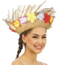 Chapeau Paille Hawaïen Adulte Beige avec Fleurs pas cher | Fiesta Factory