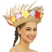 Chapeau Paille Hawaïen Adulte Beige avec Fleurs pas cher | Fiesta Factory