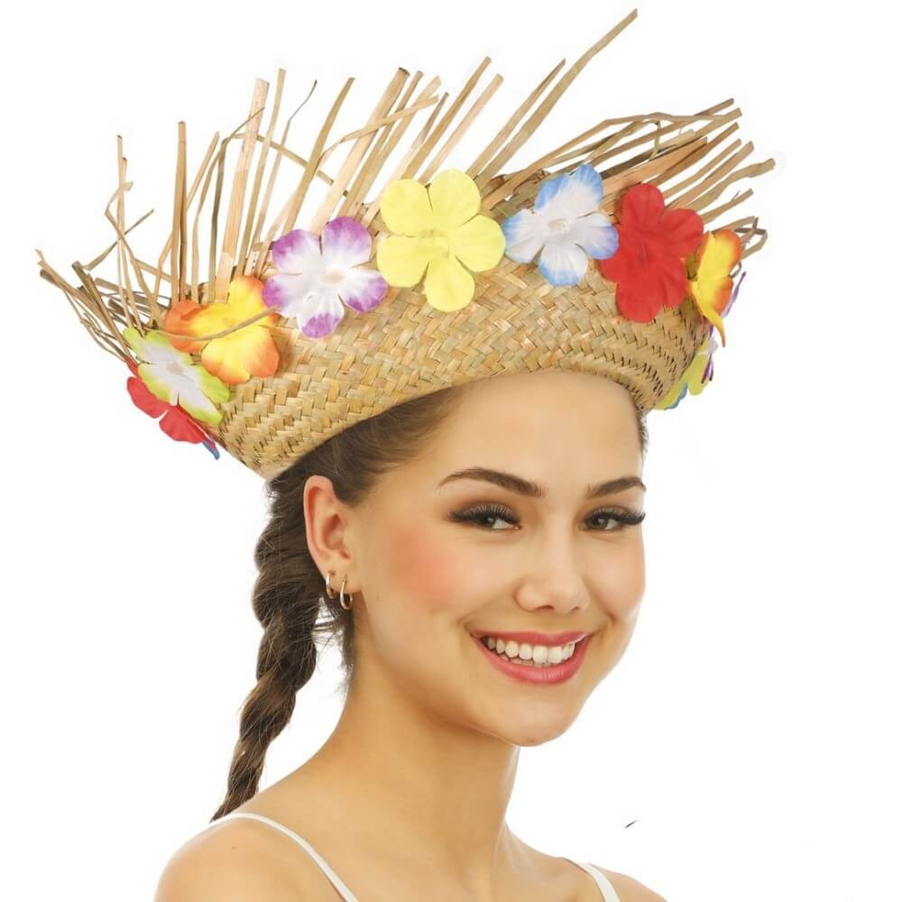 Chapeau Paille Hawaïen Adulte Beige avec Fleurs - 95424 - Chapeaux