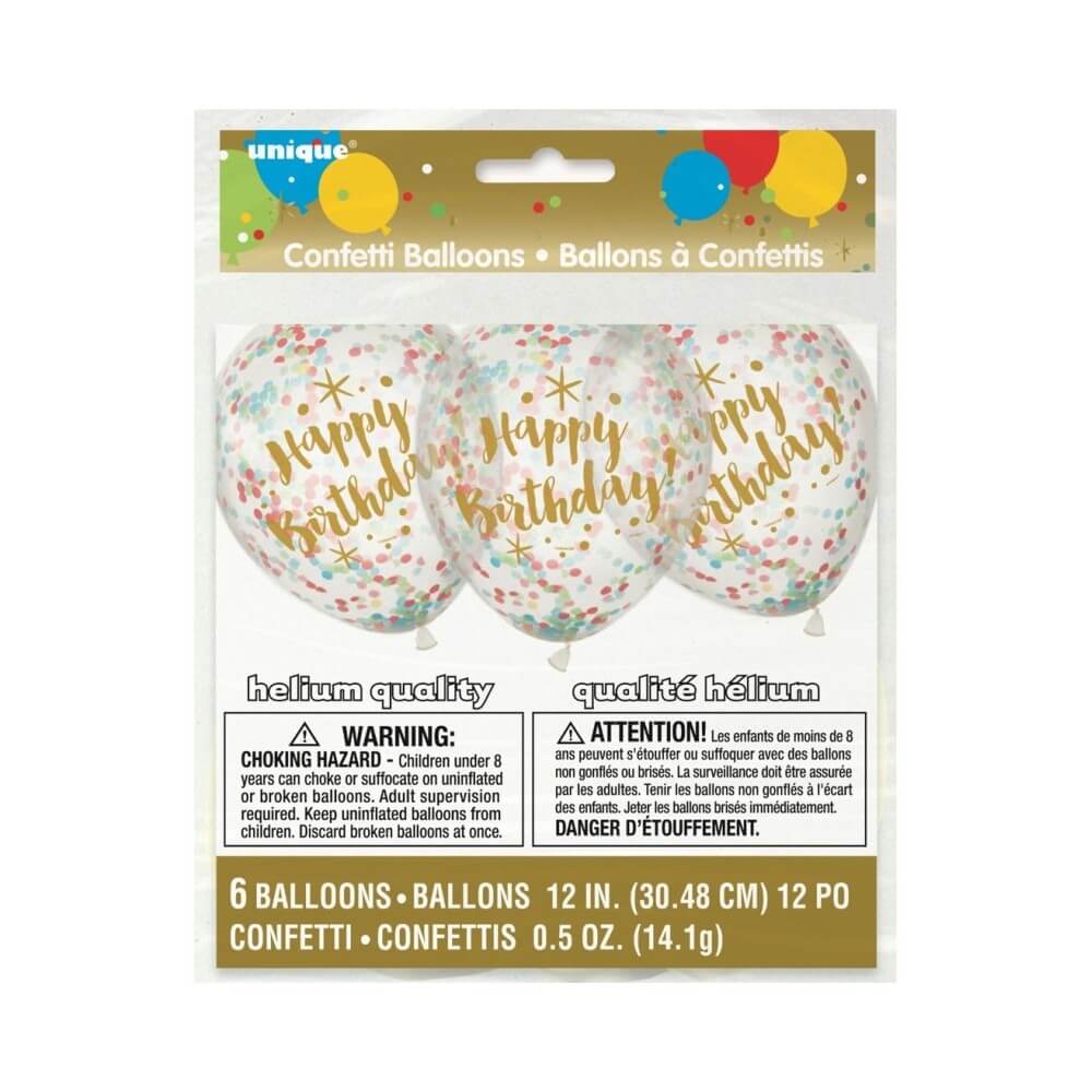Ballons Happy Birthday 30 cm Transparents Confettis Multicolore | Fiesta Factory