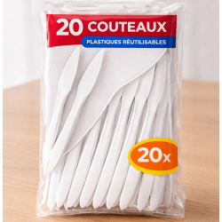 20 Couteaux plastiques blancs réutilisables - 143217 - Couverts