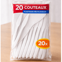 20 Couteaux plastiques blancs réutilisables - 143217 - Couverts