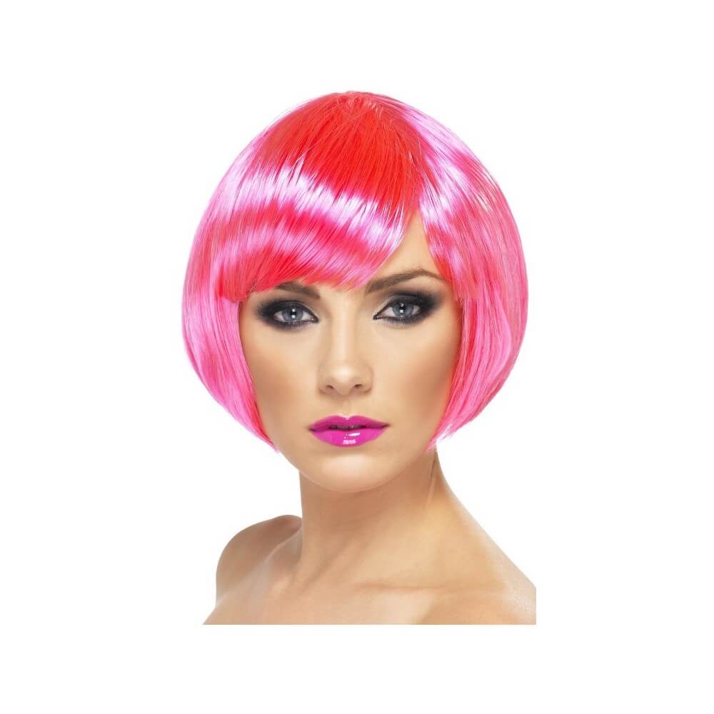 Perruque Bimbo Rose Fluo Courte avec Frange pas cher | Fiesta Factory
