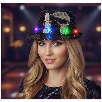 Chapeau Sequin Noir Clignotant 6 LED avec Piles LR44 pas cher | Fiesta Factory