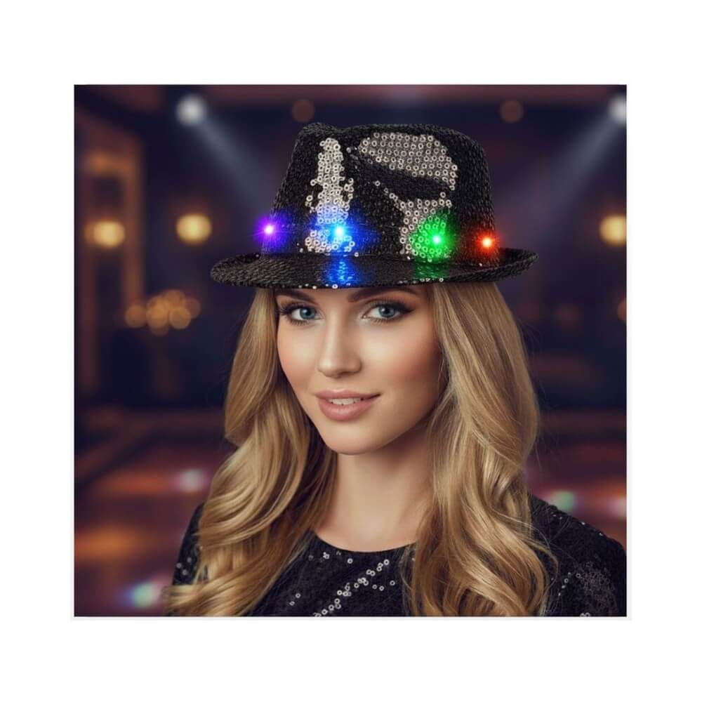 Chapeau Sequin Noir Clignotant – 6 LED (3 Piles LR44 Fournies) - 02330NO - Chapeaux