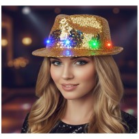 Chapeau Sequin Or Clignotant 6 LED avec Piles LR44 pas cher | Fiesta Factory