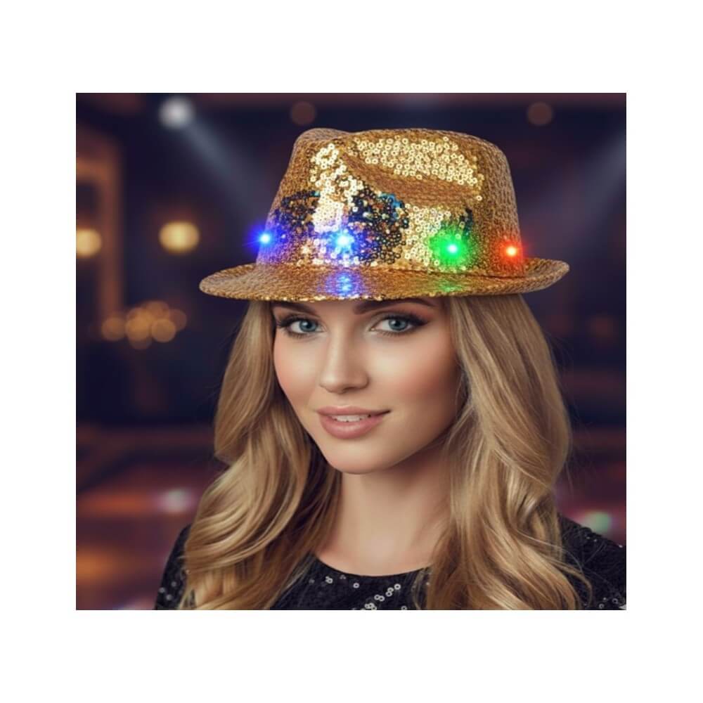 Chapeau Sequin Or Clignotant – 6 LED (3 Piles LR44 Fournies) - 02330GO - Chapeaux