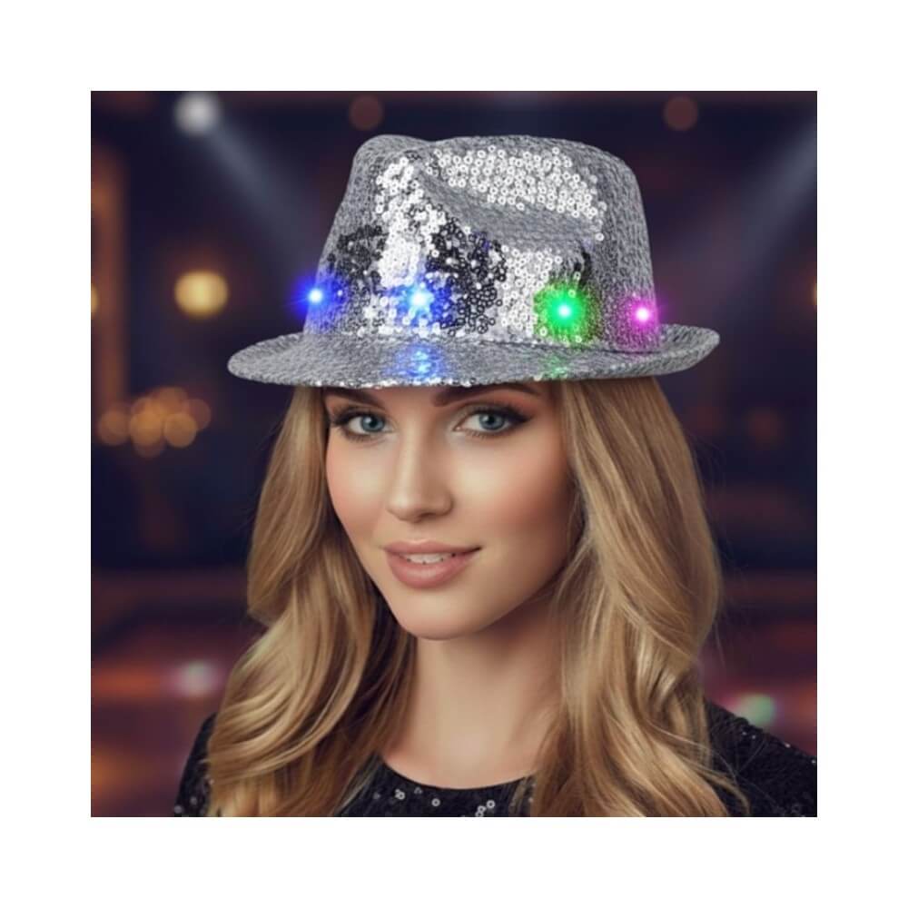 Chapeau Sequin Argent Clignotant – 6 LED (3 Piles LR44 Fournies) - 02330AR - Chapeaux