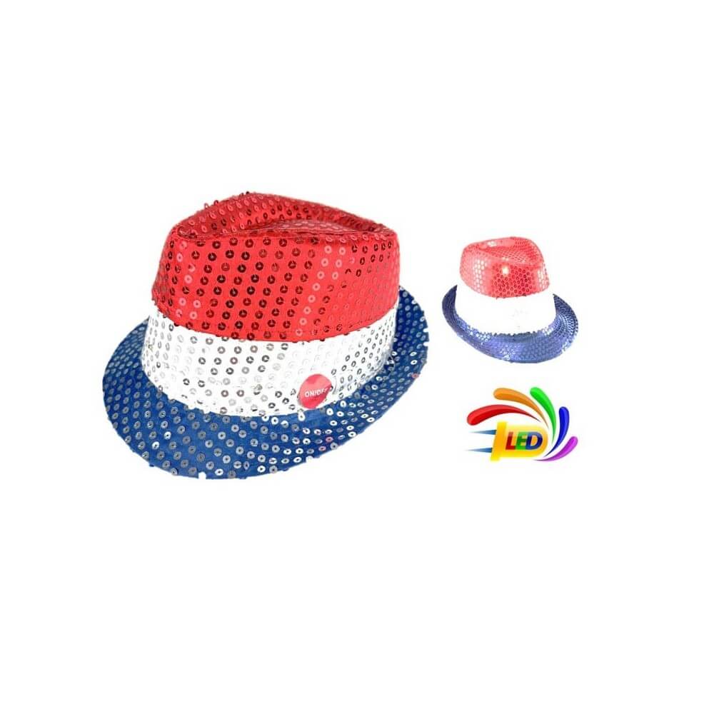 Chapeau Sequins LED Bleu Blanc Rouge Clignotant – Piles Incluses - 02330BBR - Chapeaux