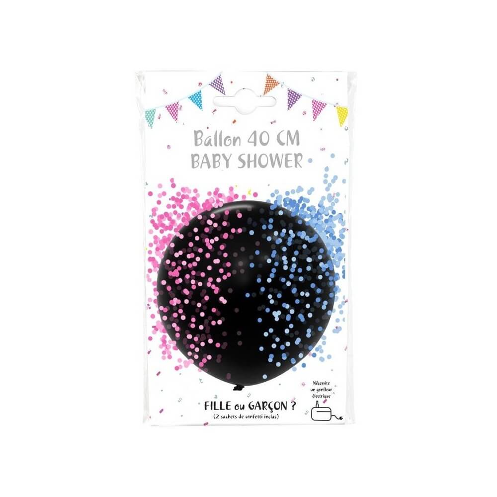 Ballon Noir Latex 40 cm + Confettis Roses et Bleus - 36454 - Ballons Latex à Confettis