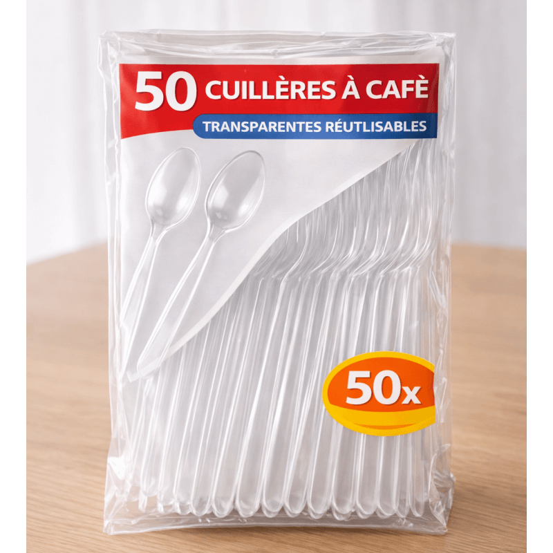50 Cuillères à café transparentes réutilisables - 143331 - Couverts