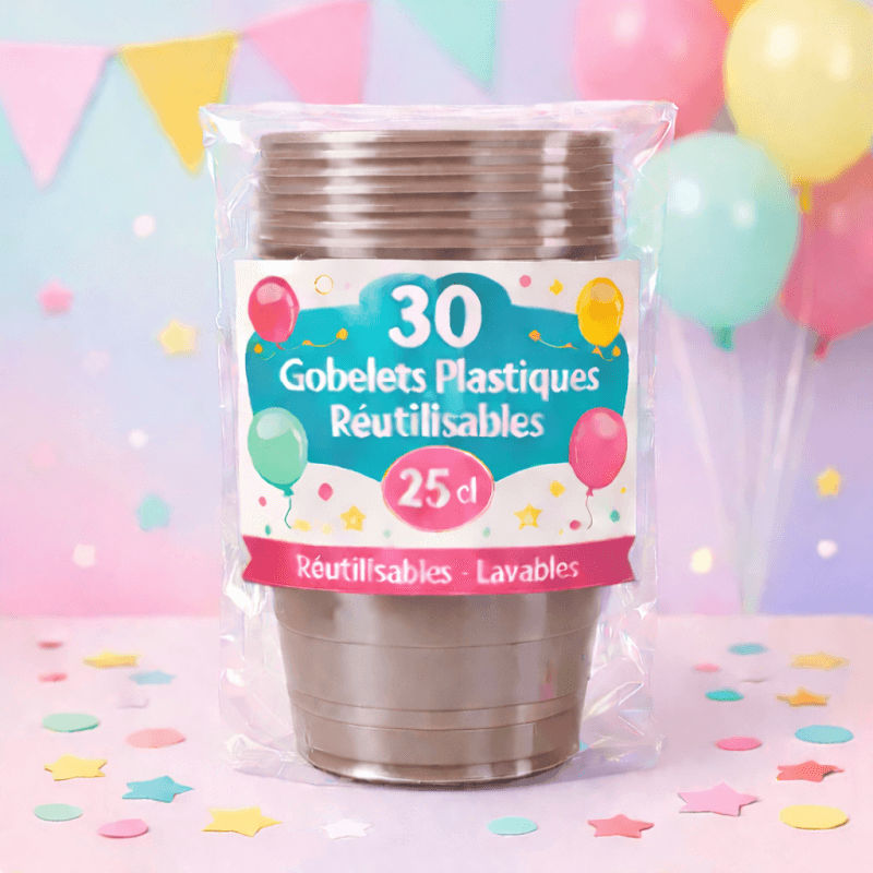 30 Gobelets taupe 25 cl réutilisables - 142740 - Gobelets