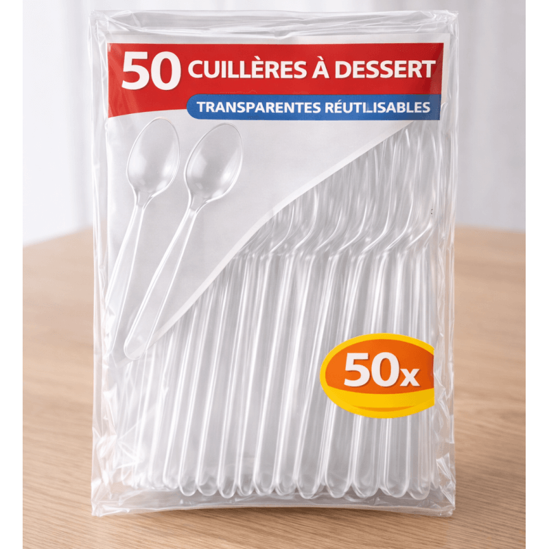50 Cuillères à dessert transparentes réutilisables - 143330 - Couverts