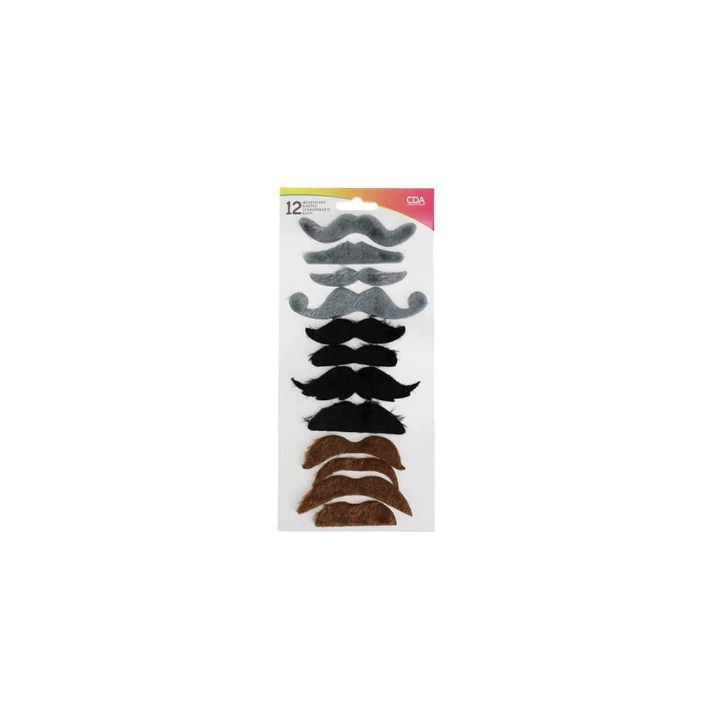 12 Moustaches Adhésives Noir Gris Marron - 27880 - Barbes et moustaches