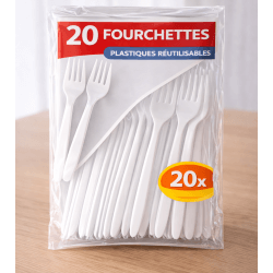 20 Fourchette plastique blanc réutilisables - 143325 - Couverts