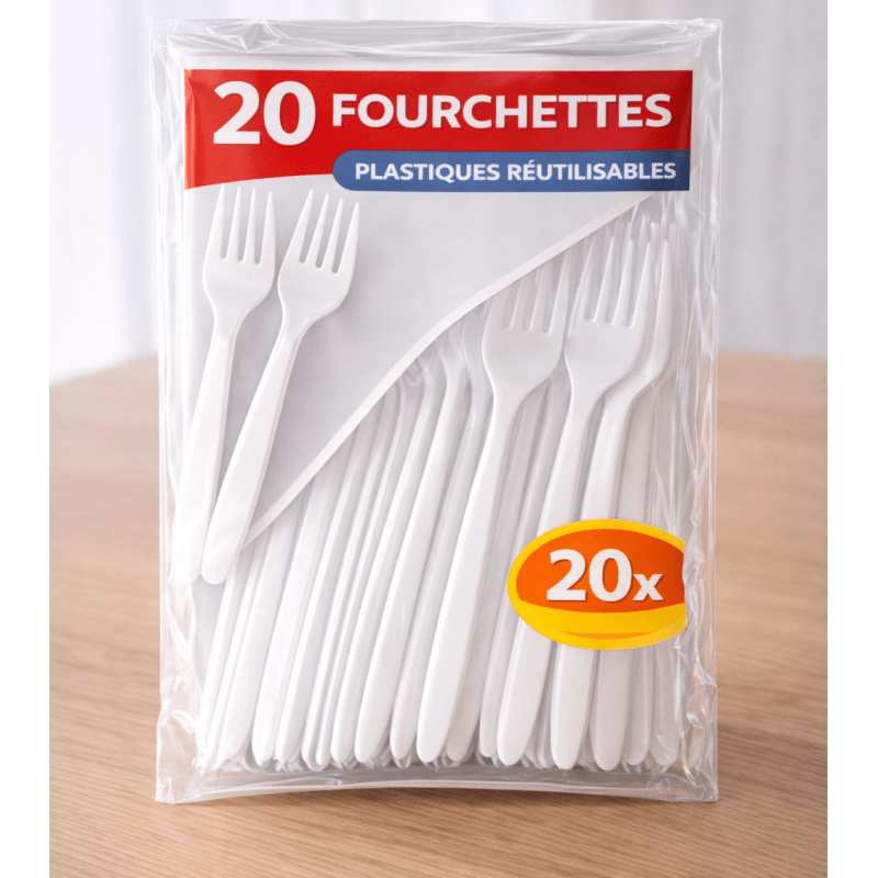20 Fourchette plastique blanc réutilisables - 143325 - Couverts