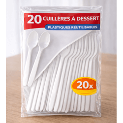 20 Cuillères à dessert blanche réutilisables - 143322 - Couverts