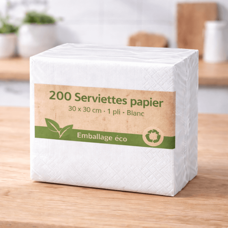 Serviettes papier blanc 30x30 cm 1 pli – Lot de 200 - 140101 - Serviettes éco